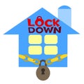 Lockdown logo is red on the background of the house, which is surrounded by gold chain and lock. The concept of coronavirus