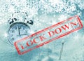 Lockdown seal for coronavirus covid-19 virius covid snow winter time clock cold frost frosen xmas background