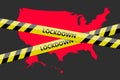 Lockdown Tape Over USA American State Silhouette. Coronavirus Threat. Concept Image. Vector Illustration