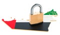 Lockdown in the United Arab Emirates. Padlock with map, border protection concept. 3D rendering Royalty Free Stock Photo