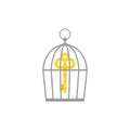 Locked bird cage with golden vintage key. Limitation of thinking concept.