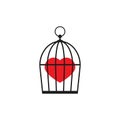 Locked bird cage with red heart icon. Trap, imprisonment, jail concept