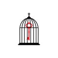 Locked bird cage with red vintage key. Limitation of thinking concept.