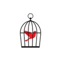 Locked cage with red bird icon. Trap, imprisonment, jail concept