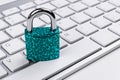 Locked computer safe from virus or malware attack. Laptop computer being protected from online cyber crime and hacking. Computer