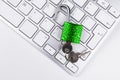 Locked computer safe from virus or malware attack. Laptop computer being protected from online cyber crime and hacking. Computer