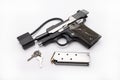 Locked disarmed and secured automatic gun on white background , Gun safety concept Royalty Free Stock Photo