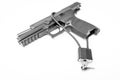 Locked disarmed secured handgun white background