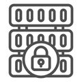 Locked disk storage array line icon, data hoarding concept. Vector graphics. Hard disks with lock sign on white