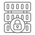 Locked disk storage array thin line icon, data hoarding concept. Vector graphics. Hard disks with lock sign on white
