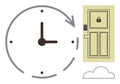 Smart lock-enabled door with clock and cloud illustrating access timing and digital security Royalty Free Stock Photo