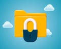 Locked folder with a padlock in 3D style on a blue background with clouds. Royalty Free Stock Photo
