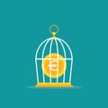 Locked golden bird cage and golden euro coin. Trap, imprisonment, jail concept
