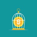 Locked golden bird cage and golden dollar coin. Trap, imprisonment, jail concept