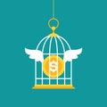 Locked golden bird cage and golden dollar coin with wings. Trap, imprisonment, jail concept