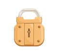 Locked hanging bronze padlock with closed shackle and keyhole. Glossy gold-colored brass mechanism for safe access