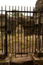 Locked iron gate in front of graveyard ruins