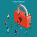 Locked lock young people data security flat 3d isometry vector Royalty Free Stock Photo