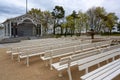 Locked open air stage and empty spectator benches near the beach during the coronavirus pandemic in the famous tourist resort