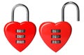 Locked and open heart shaped padlocks on white background, collage