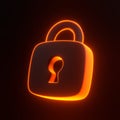 Locked padlock with bright glowing futuristic orange neon lights on black background
