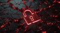 Locked padlock glowing red light on cracked black surface symbolizing security and protection in digital concept Royalty Free Stock Photo