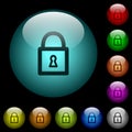 Locked padlock with keyhole icons in color illuminated glass buttons