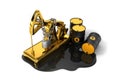 Locked Pumpjack, Barrels And Spilled Oil On White Background. Oil Production Reduction Concept.