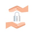 Locked realistic padlock in hands. Security Concept. Metal Lock For Safety And Privacy.