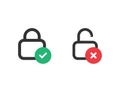 Locked and unlocked icon. Correct and wrong status of padlock. Protection sign. Security icon. Privacy illustration. Opened and