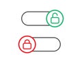 Locked and unlocked toggle. Switch on and off. Control slider. Red and green slider with round shape. Opened and closed symbol.