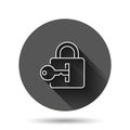 Locker icon in flat style. Padlock password vector illustration on black round background with long shadow effect. Key unlock Royalty Free Stock Photo