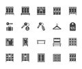 Locker room flat glyph icons set. Gym, school lockers, automatic left-luggage office, key tag vector illustrations