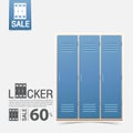 Lockers in flat design for locker room interior. Minimal icon for furniture sale poster. Blue cabinet on white background.