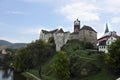 Lockett Castle on the River Eger. Romantic castle with colorful houses. Knight Castle in Czech Republic