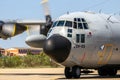 Lockheed C-130 Hercules cargo aircraft of the Belgian Air Force arriving at Zaragoza airbase. Zaragoza, Spain - May 20, 2016 Royalty Free Stock Photo