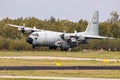 Lockheed C-130 Hercules military transport plane from the Belgian Air Force arriving at Eindhoven airbase. Eindhoven, The Royalty Free Stock Photo