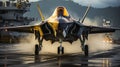 A Lockheed Martin F-35 Fighter Jet takes off of an aircraft carrier - generative AI