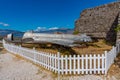 Lockheed T-33 jet fighter displayed at Gjirokaster castle in Albania Royalty Free Stock Photo