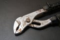 Locking plier head on black wooden Royalty Free Stock Photo