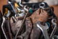 Locking pliers and wrench in tool box