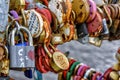 Locks hung on the railing of the bridge according to tradition on the wedding day Royalty Free Stock Photo