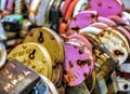 Locks hung on the railing of the bridge according to tradition on the wedding day Royalty Free Stock Photo