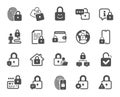 Locks icons. Fingerprint protection, Unlock code and Credit card password icons. Open padlock, Locked document. Vector