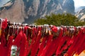 Locks with red bows on mountain Huashan in China.