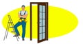 Locksmith Door Repair Fix Or Install Lock Black Line Pencil Drawing Vector. Repairman Repairing, Installing Or Changing