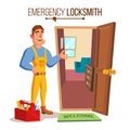 Locksmith Door Service Vector. Professional Master Repairman. Isolated Flat Cartoon Character Illustration