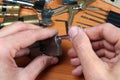 Locksmith inserts key in cylinder lock Royalty Free Stock Photo