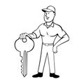Locksmith or Keymaker Standing and Holding Key Front View Cartoon Black and White