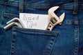Locksmith keys in jeans pocket, note with the inscription `Need Job`